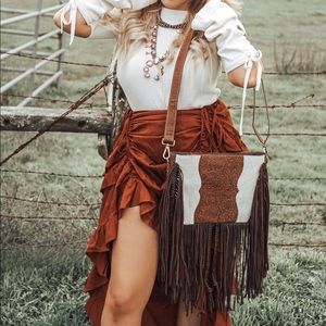 Concealed Carry Embossed Leather and White Cream Cowhide Fringe Western Purse